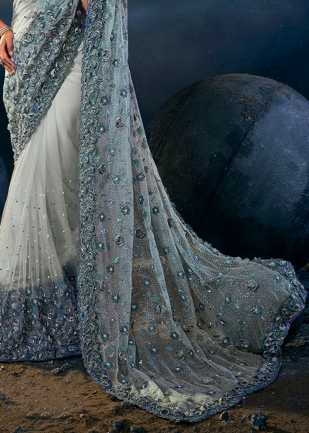 Light Grey Digital Net Saree with Thread,Sequence, Zarkan, Moti & All Over Flower Applique work