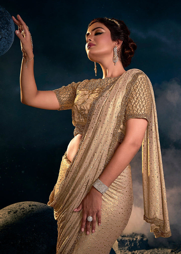 Chiku Brown Designer Imported Fabric Saree with Cut Dana ,Moti, Zarkan & Crystal work