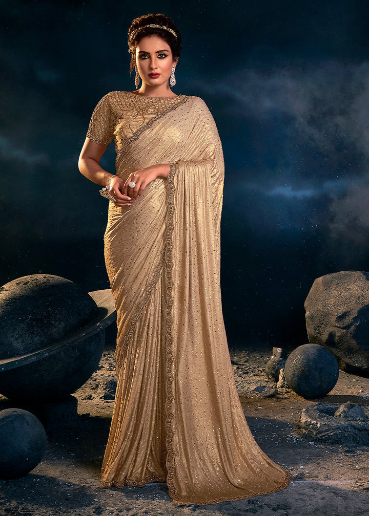 Chiku Brown Designer Imported Fabric Saree with Cut Dana ,Moti, Zarkan & Crystal work