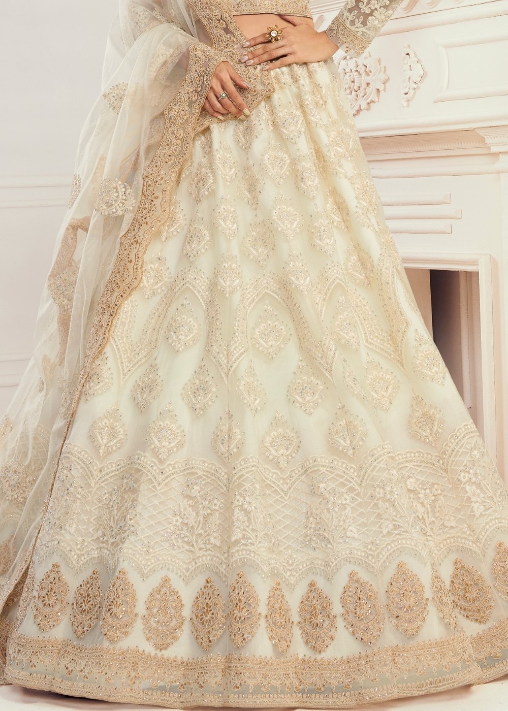 Ivory White Soft Net Lehenga Choli with Cording, Stonework, Thread & Zari Embroidery | Ready To Wear - qivii