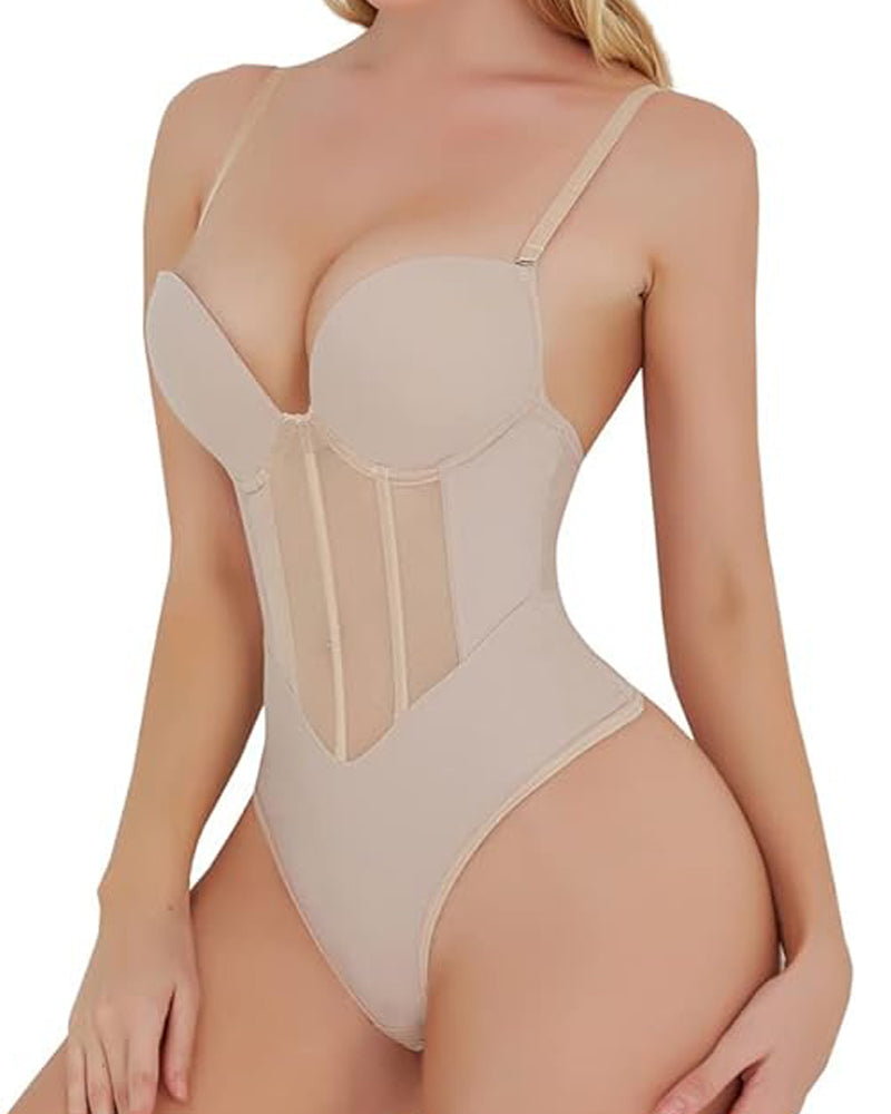 Sexy Mesh Shapewear Corset Backless Thong Bodysuit With Built-in Bra  - By Qivii