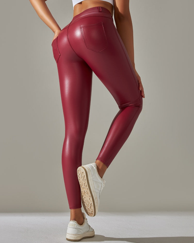 PU leather Pants High Waist Tight Sports Yoga Pants Slim  - By Qivii
