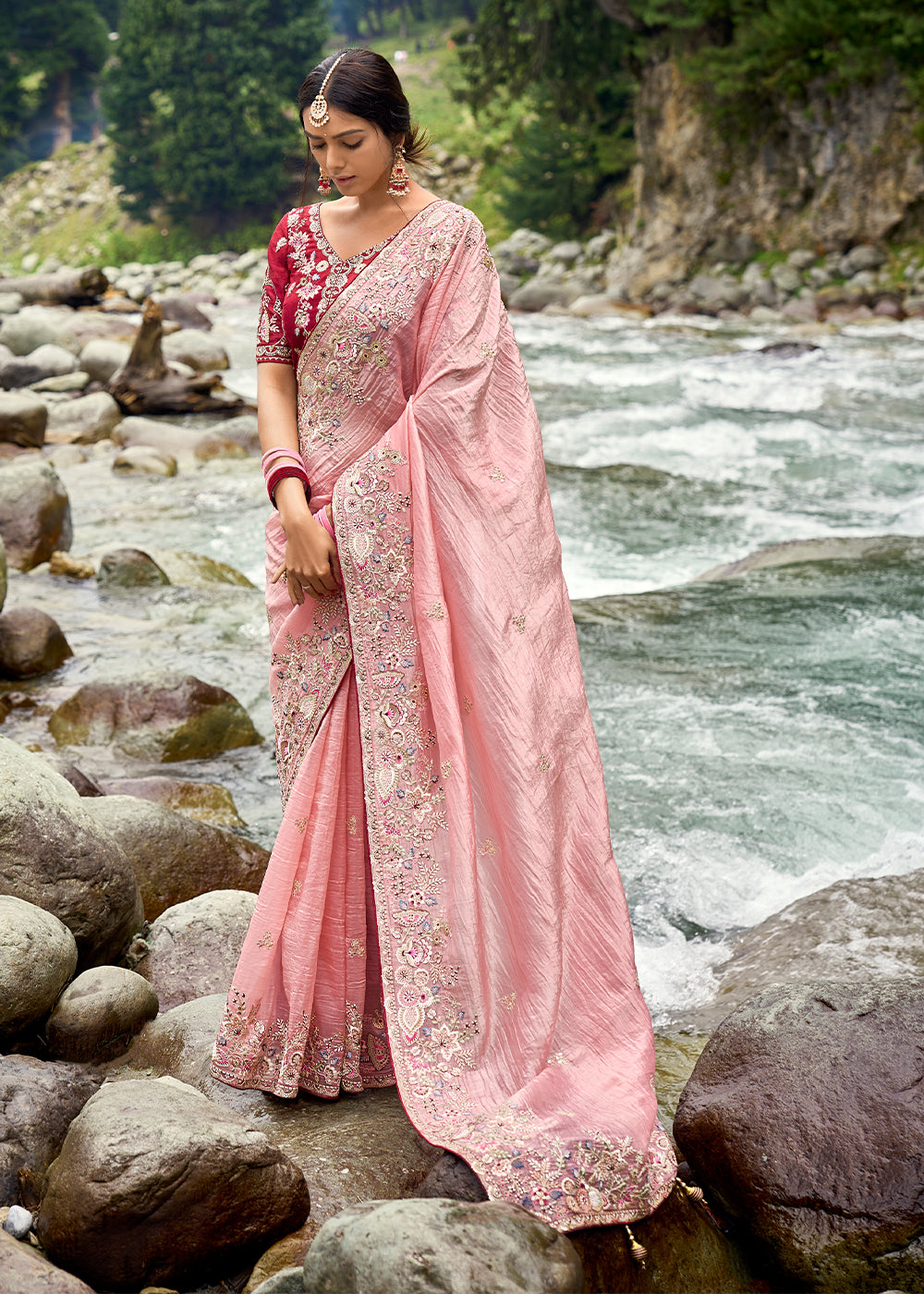 Peach Pink Crackle Crush Silk Saree with Intricate Embroidery work(Pre-Order) - qivii