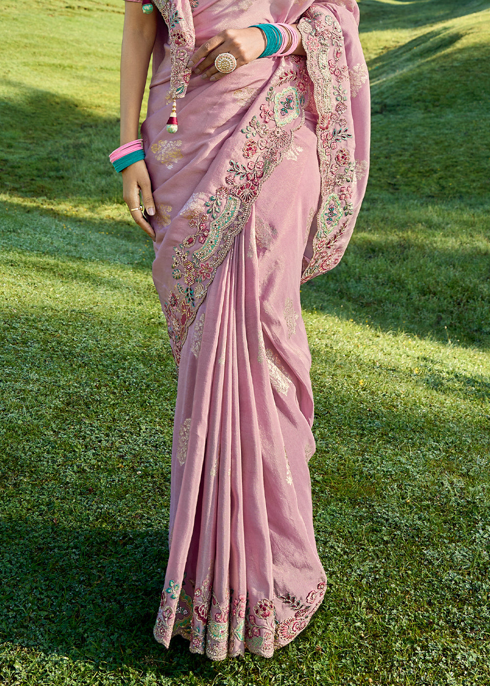 Beautiful Pink Viscose Silk Saree with Intricate Embroidery work - qivii