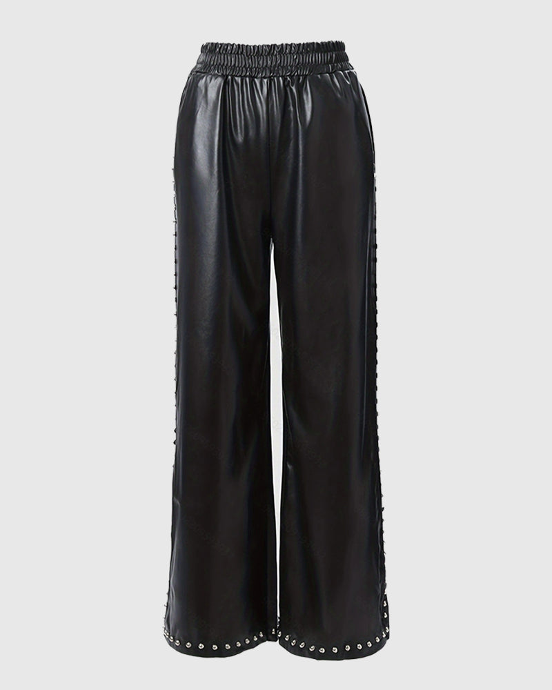 Beaded Loose Wide-leg Leather Pants  - By Qivii