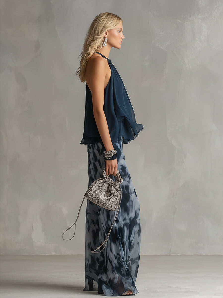 Ludovica | Stylish Navy Halter Top and Wide-Leg Printed Set by Qivii