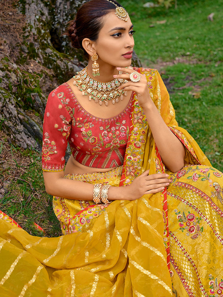 Mustard Pure Viscos Hand Work Embroidered Semi Stitched Lehenga Choli