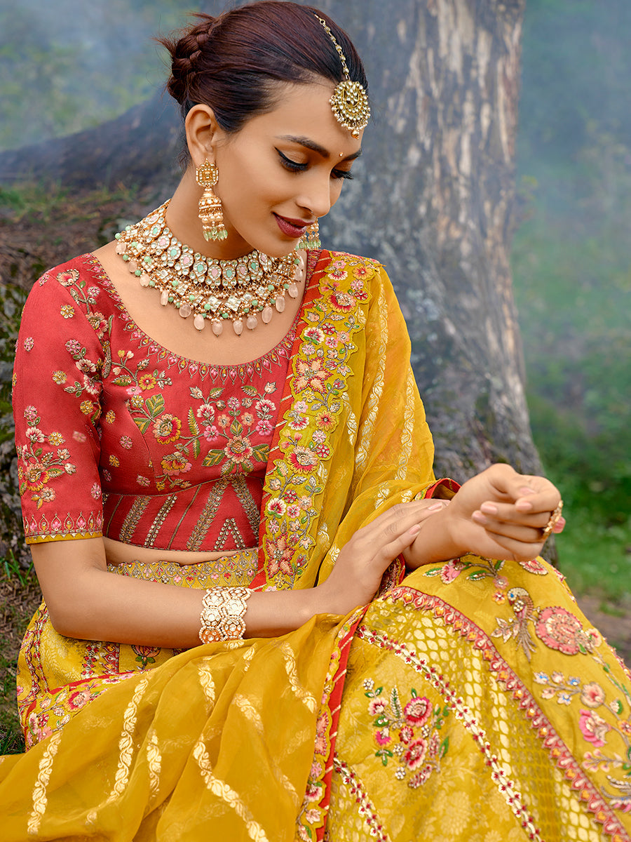 Mustard Pure Viscos Hand Work Embroidered Semi Stitched Lehenga Choli