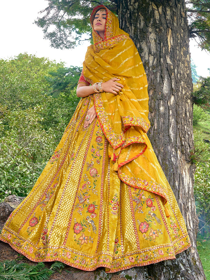 Mustard Pure Viscos Hand Work Embroidered Semi Stitched Lehenga Choli