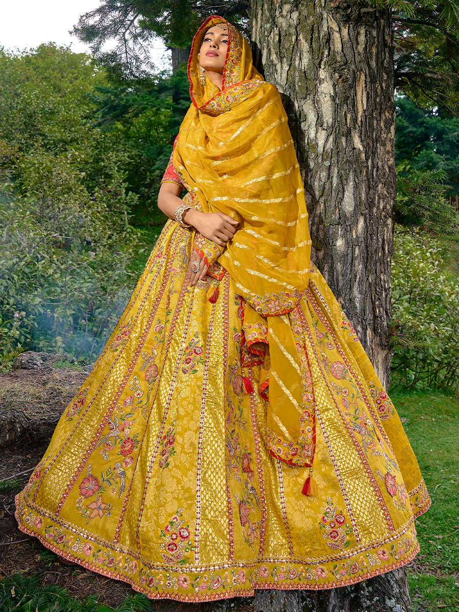 Mustard Pure Viscos Hand Work Embroidered Semi Stitched Lehenga Choli