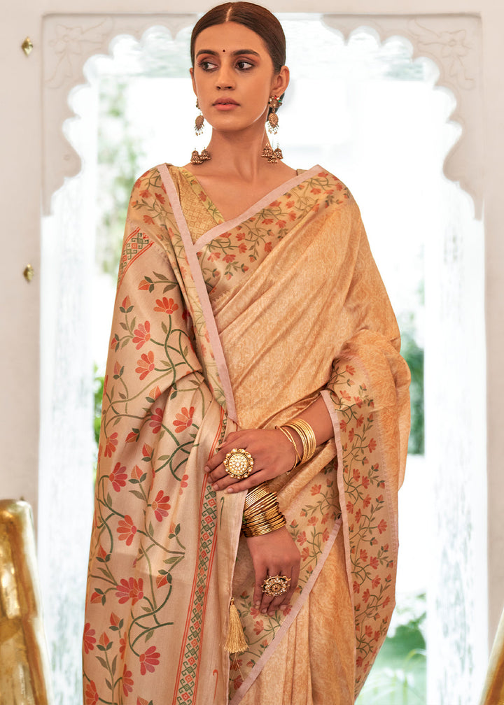 Beige Brown Digital Printed Self Jacquard Silk Saree