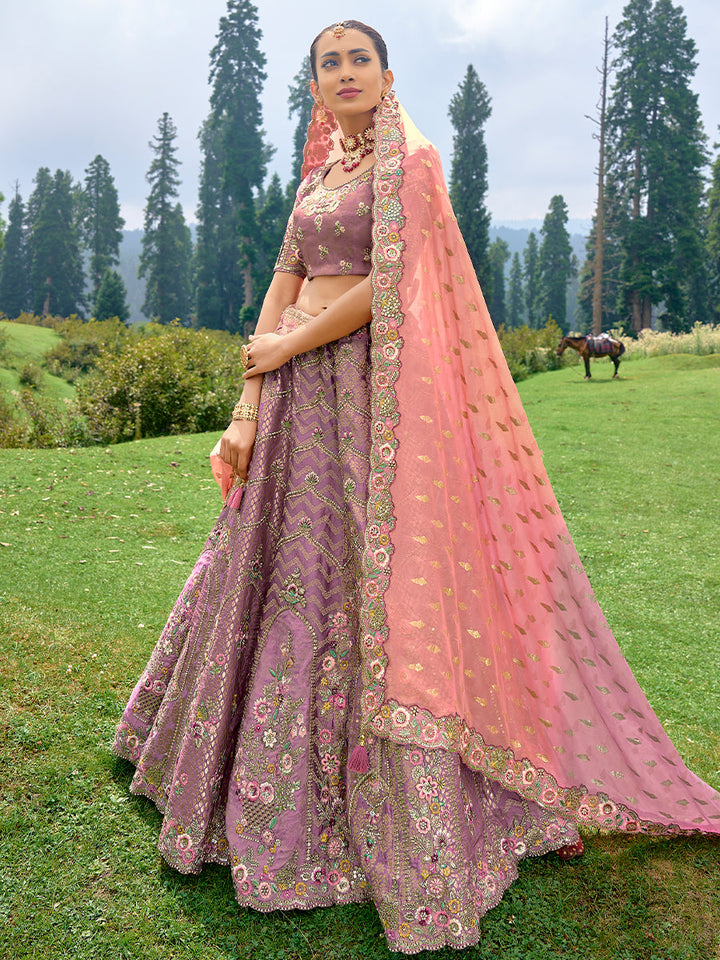 Lavender Pure Viscos Hand Work Embroidered Semi Stitched Lehenga Choli