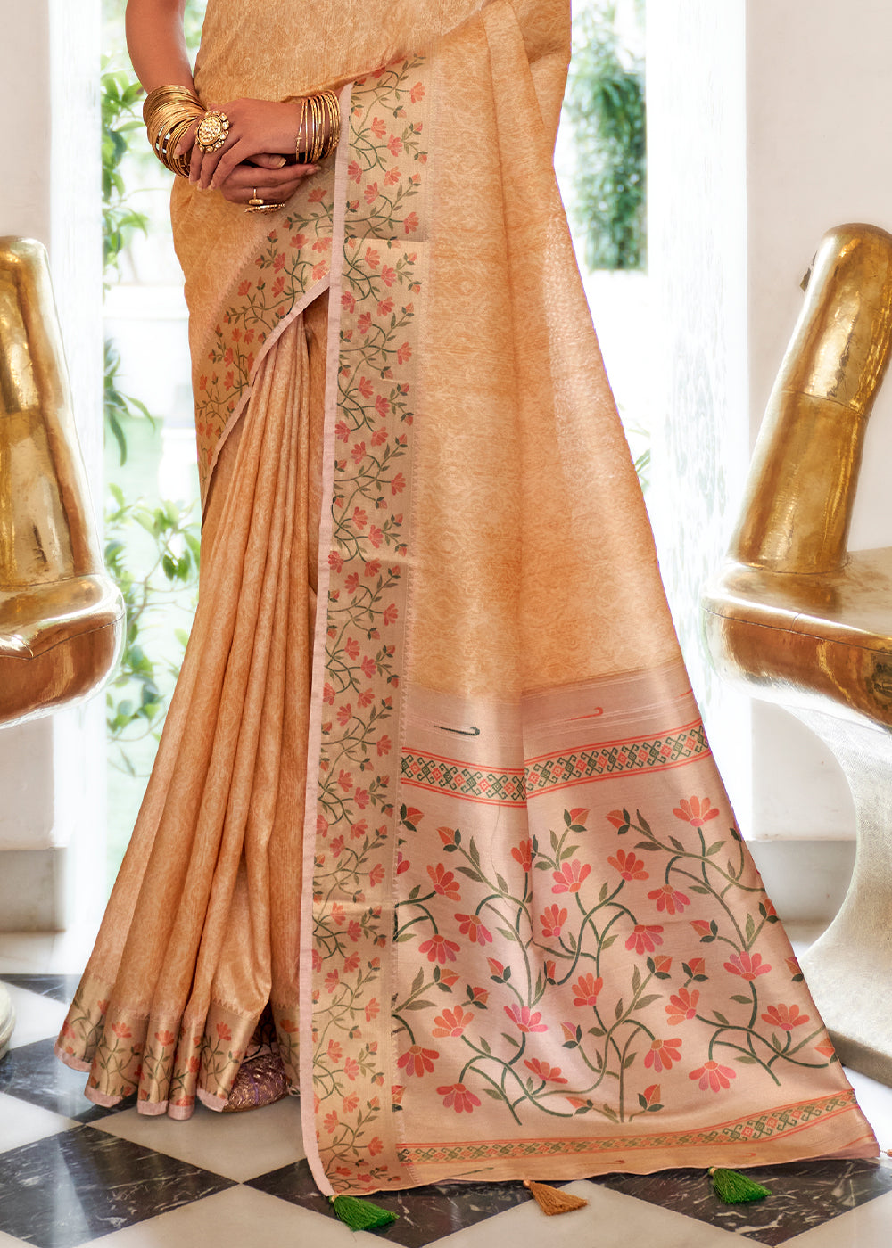 Beige Brown Digital Printed Self Jacquard Silk Saree