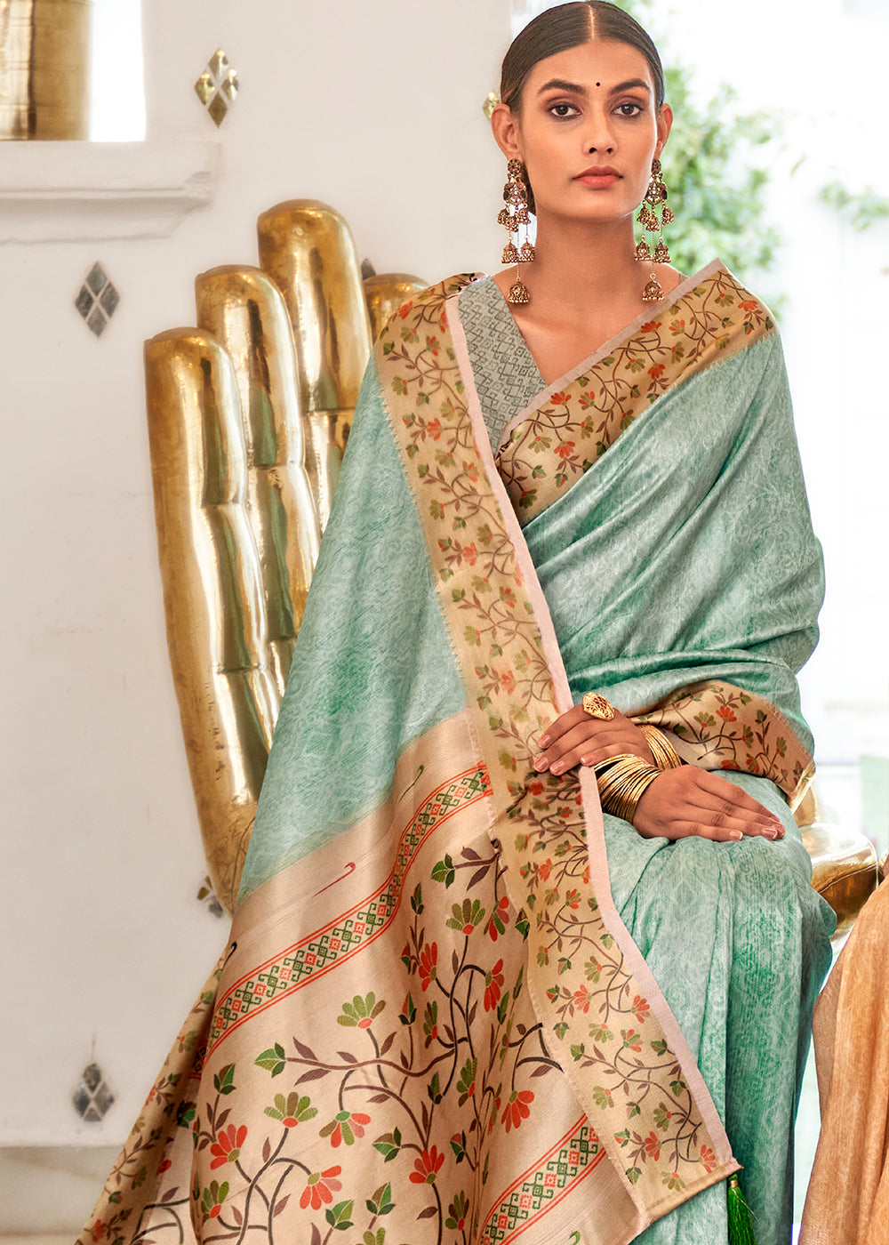 Pale Turquoise Green Digital Printed Self Jacquard Silk Saree