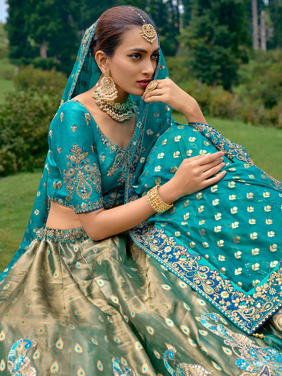 Golden-Teal Pure Kanjivaram Silk Patch Work Embroidered Semi Stitched Lehenga Choli