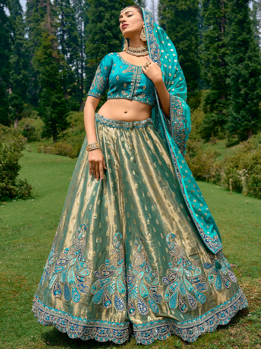 Golden-Teal Pure Kanjivaram Silk Patch Work Embroidered Semi Stitched Lehenga Choli