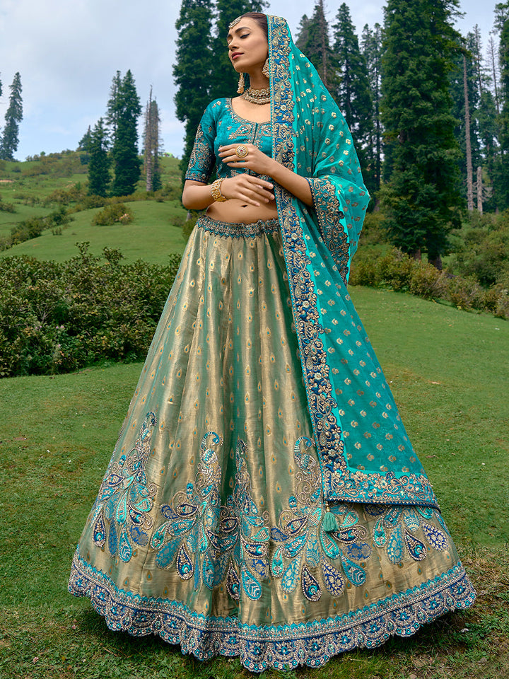 Golden-Teal Pure Kanjivaram Silk Patch Work Embroidered Semi Stitched Lehenga Choli