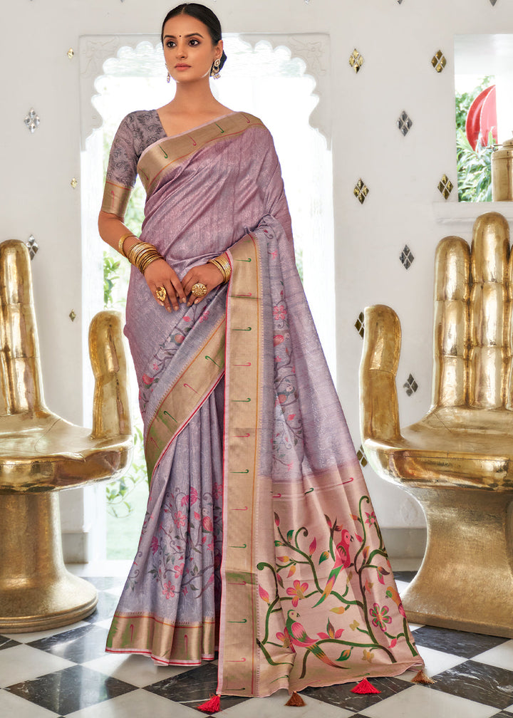 Periwinkle Purple Digital Printed Self Jacquard Silk Saree