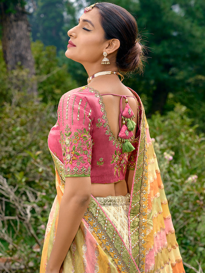 Elegant and stylish semi-stitched lehenga choli in off-white organza fabric