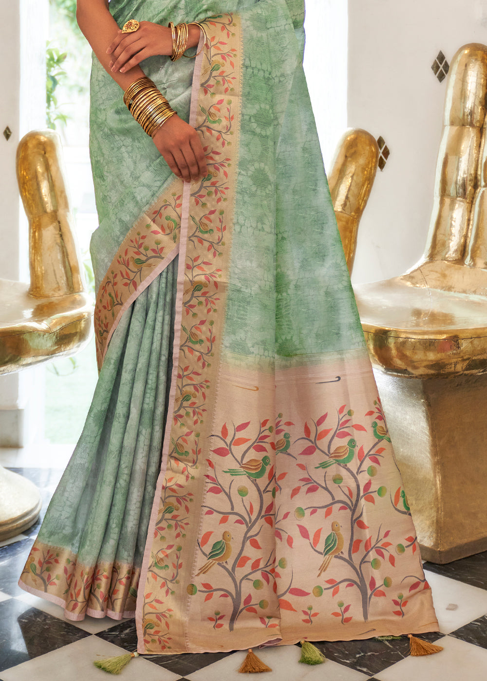 Seafoam Green Digital Printed Self Jacquard Silk Saree