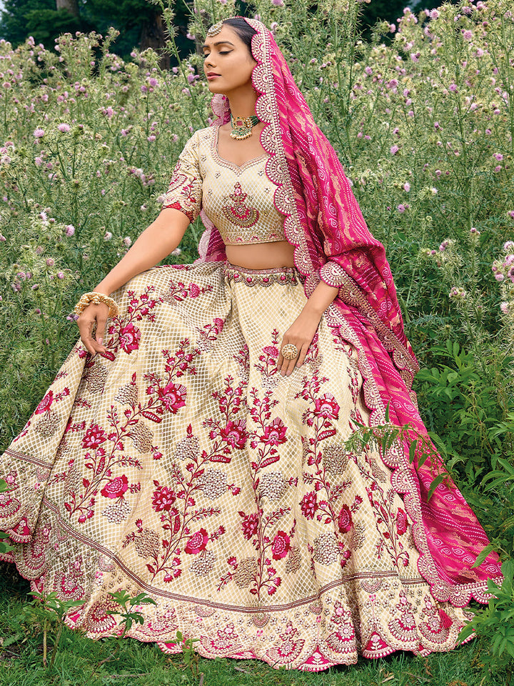 Off-White Pure Satin Silk Hand Work Embroidered Semi Stitched Lehenga Choli