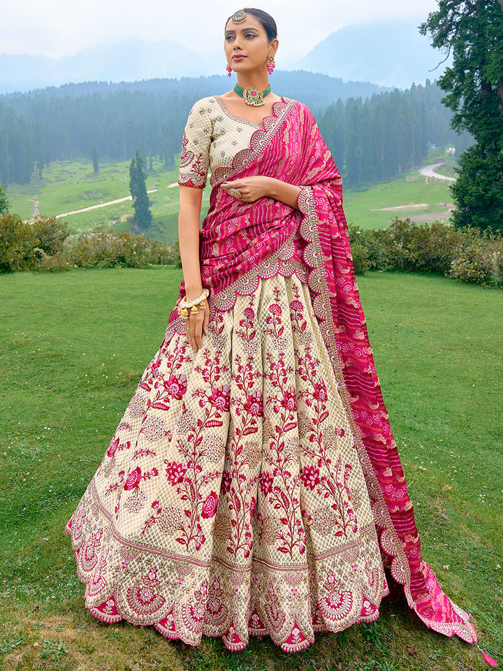 Off-White Pure Satin Silk Hand Work Embroidered Semi Stitched Lehenga Choli