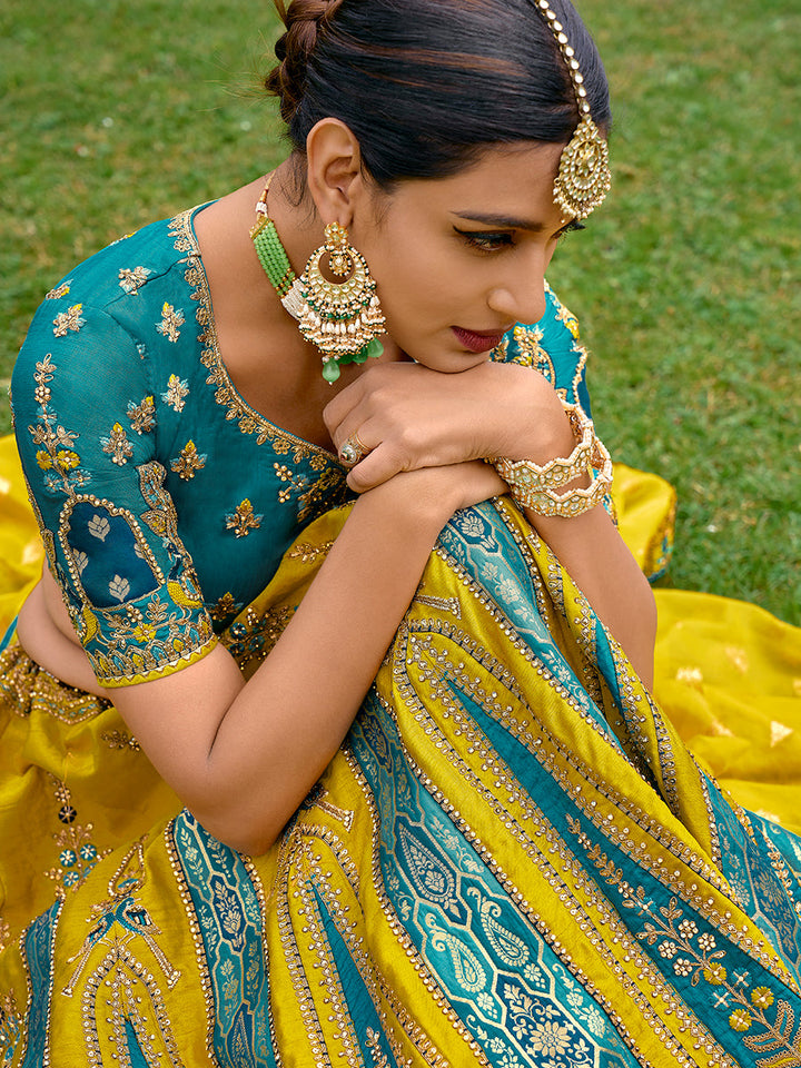 Yellow-Teal Pure Organza Patch Work Embroidered Semi Stitched Lehenga Choli