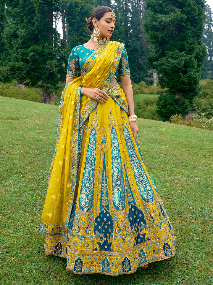 Yellow-Teal Pure Organza Patch Work Embroidered Semi Stitched Lehenga Choli