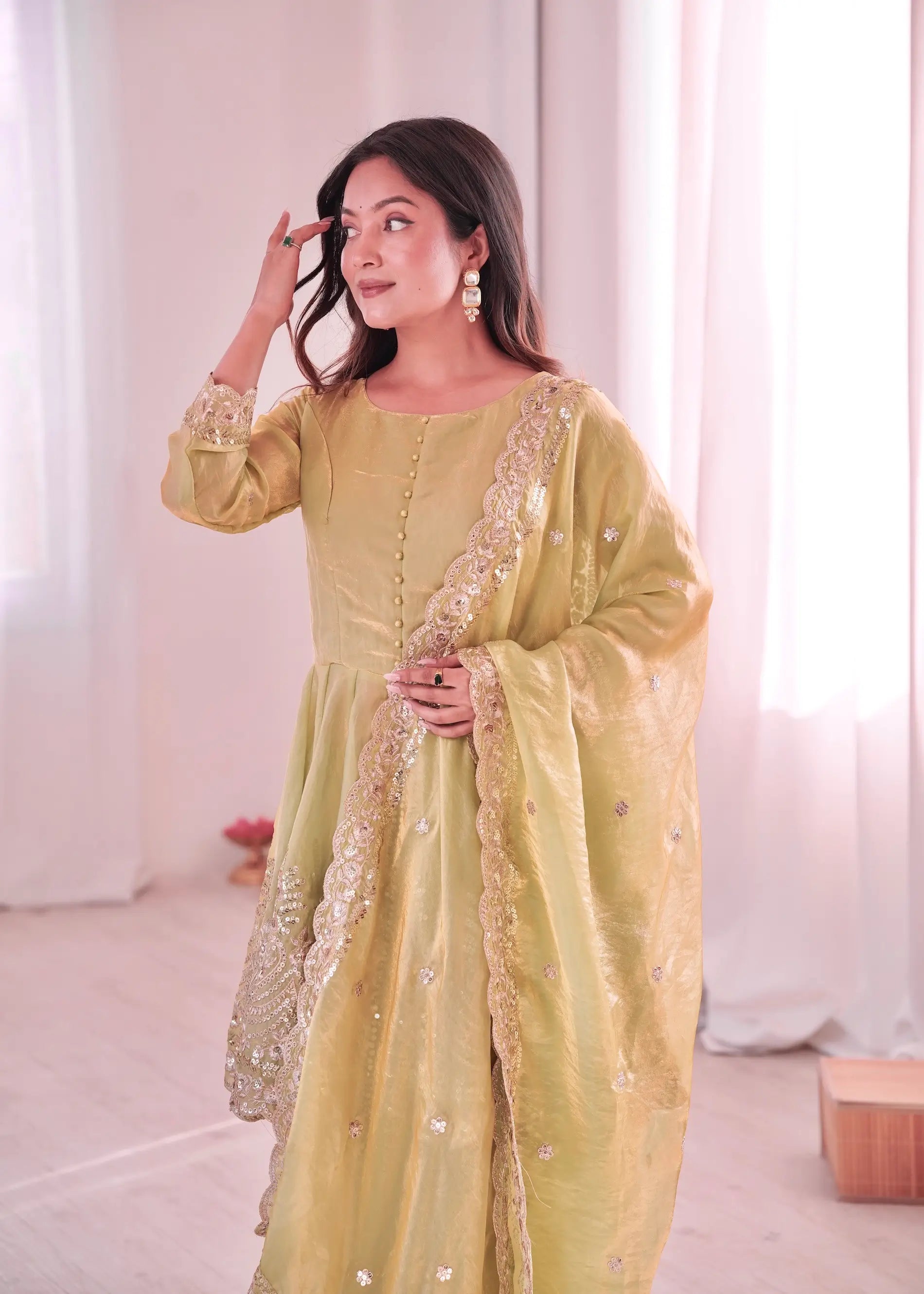 Pale Yellow Fendi Silk Embroidery salwar suit