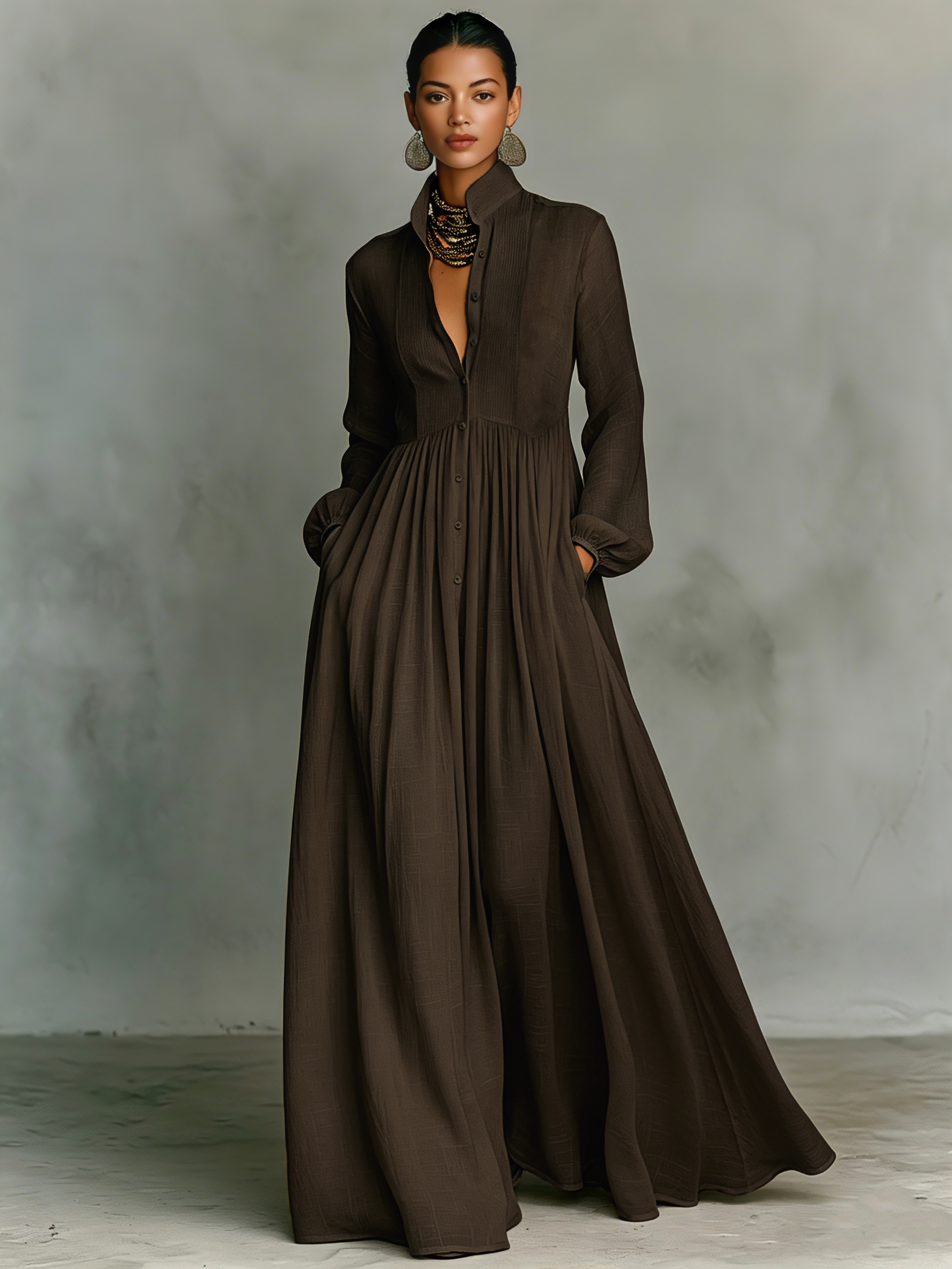 Women's Minimalist Tencel And Linen Patchwork Single-breasted Stand-up Collar Long-sleeved Maxi Dress MDA0658K6Y