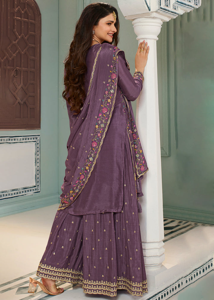 Mauve Purple Chinon Floral Embroidered Sharara Suit By Qivii