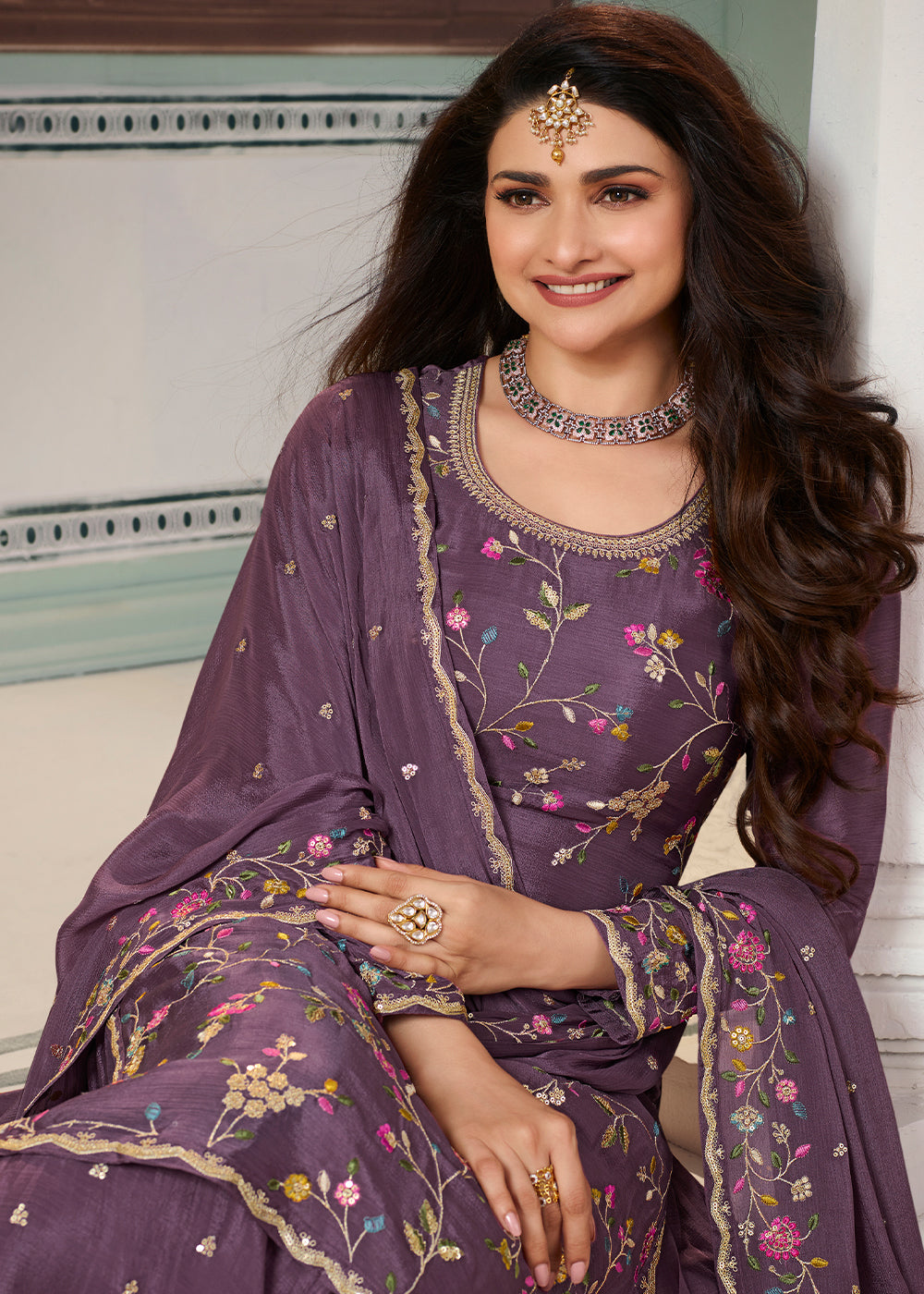 Mauve Purple Chinon Floral Embroidered Sharara Suit By Qivii