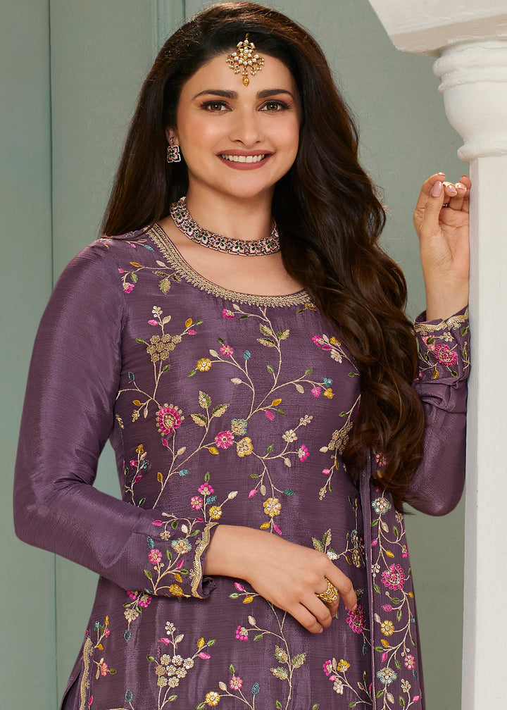 Mauve Purple Chinon Floral Embroidered Sharara Suit By Qivii