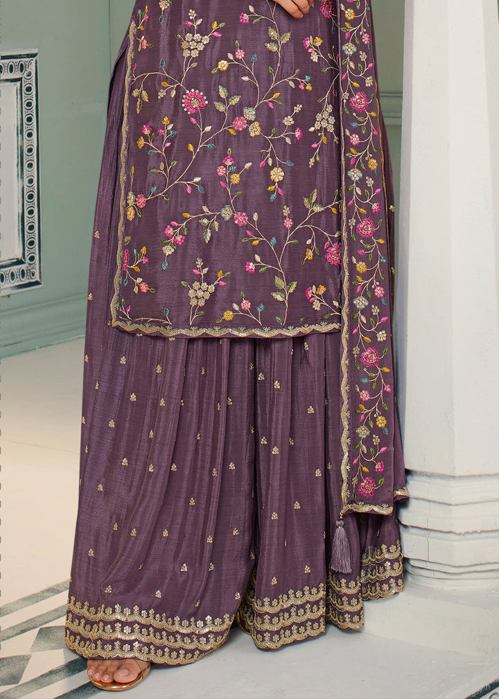 Mauve Purple Chinon Floral Embroidered Sharara Suit By Qivii