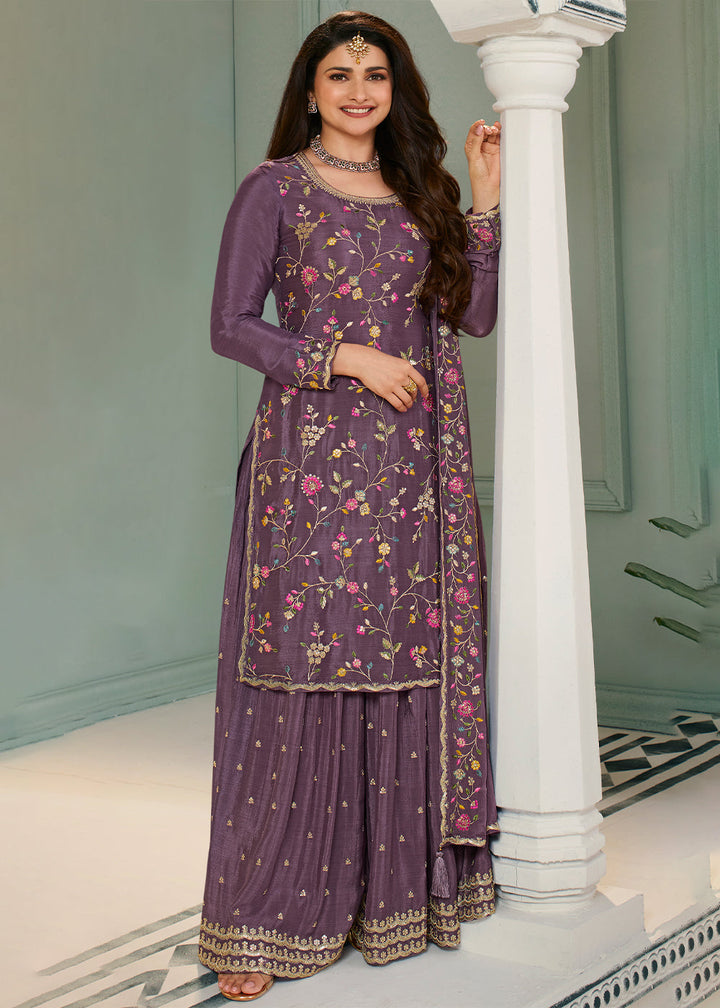 Mauve Purple Chinon Floral Embroidered Sharara Suit By Qivii