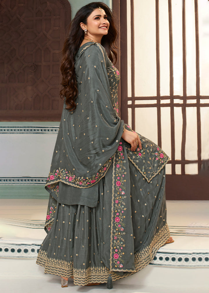 Iron Grey Chinon Floral Embroidered Sharara Suit By Qivii