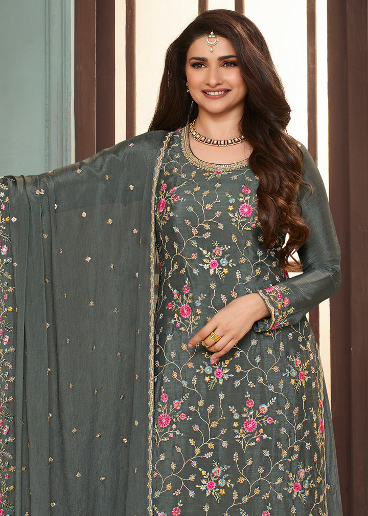 Iron Grey Chinon Floral Embroidered Sharara Suit By Qivii