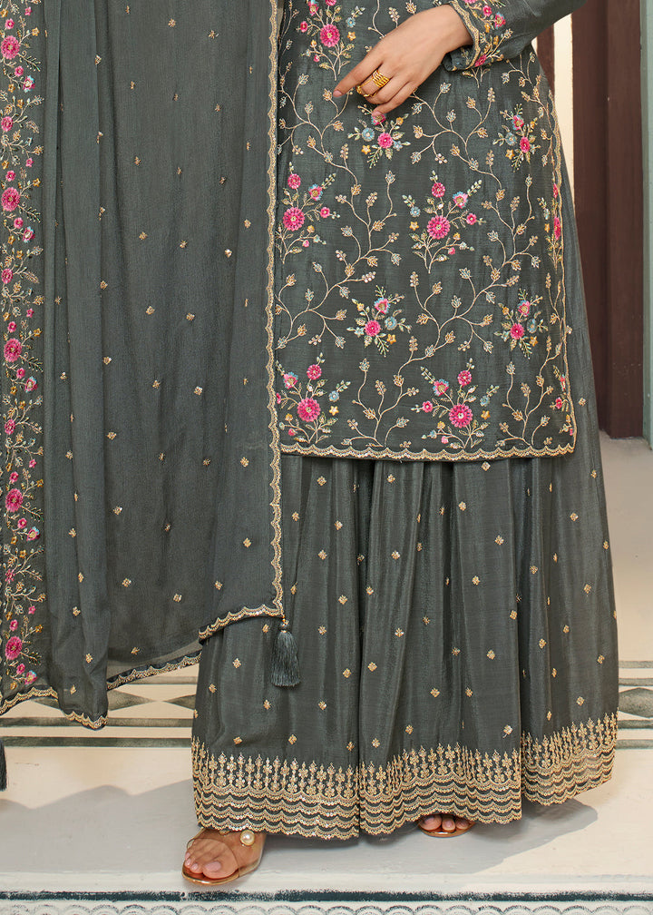 Iron Grey Chinon Floral Embroidered Sharara Suit By Qivii