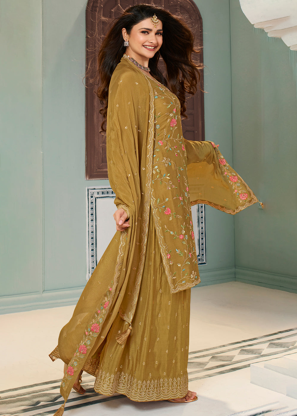 Mustard Yellow Chinon Floral Embroidered Sharara Suit By Qivii