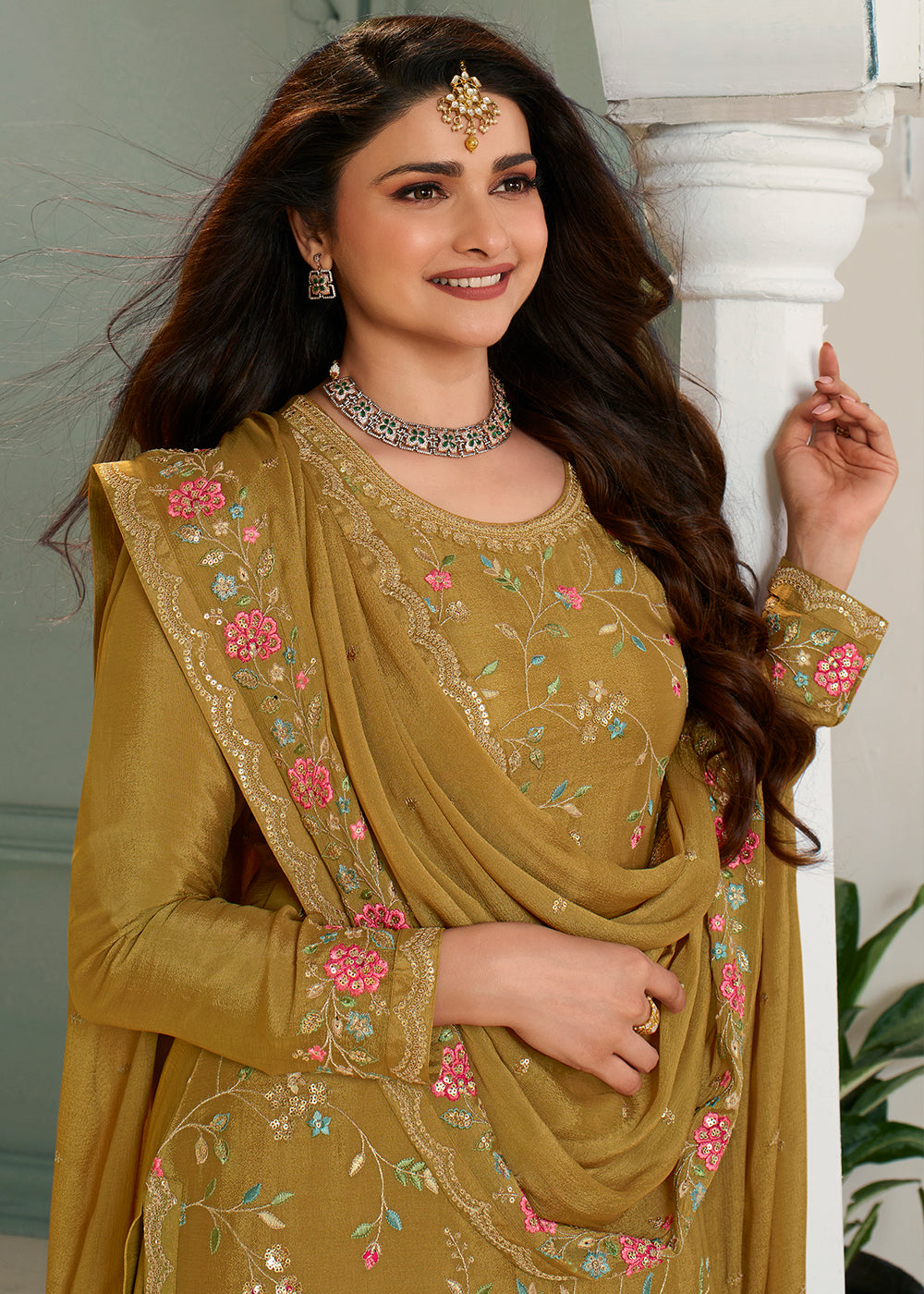 Mustard Yellow Chinon Floral Embroidered Sharara Suit By Qivii