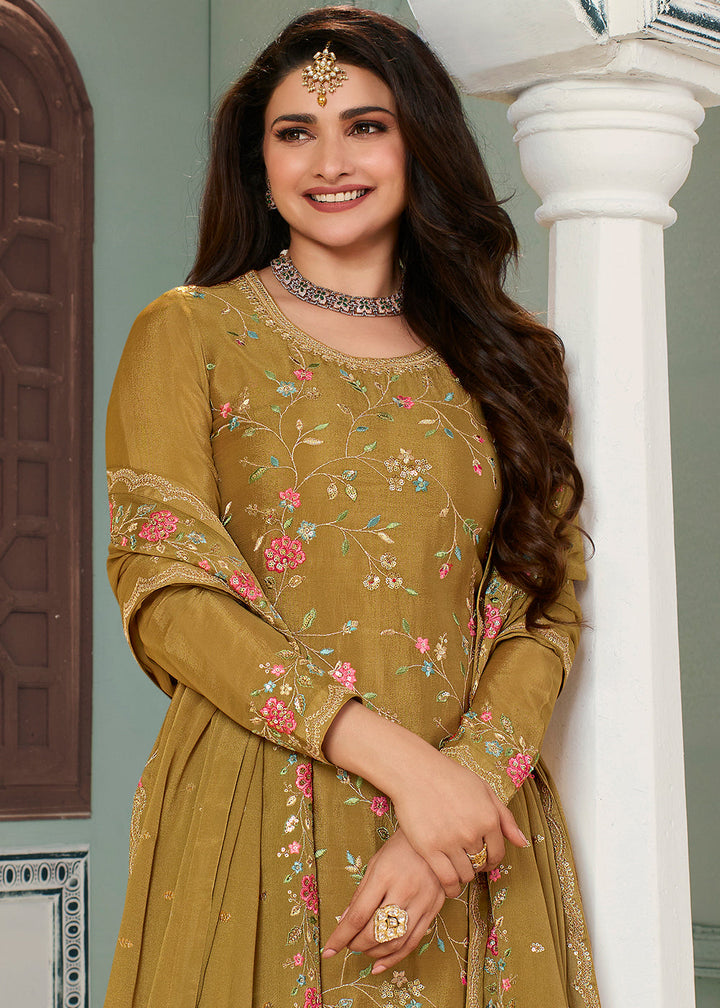 Mustard Yellow Chinon Floral Embroidered Sharara Suit By Qivii