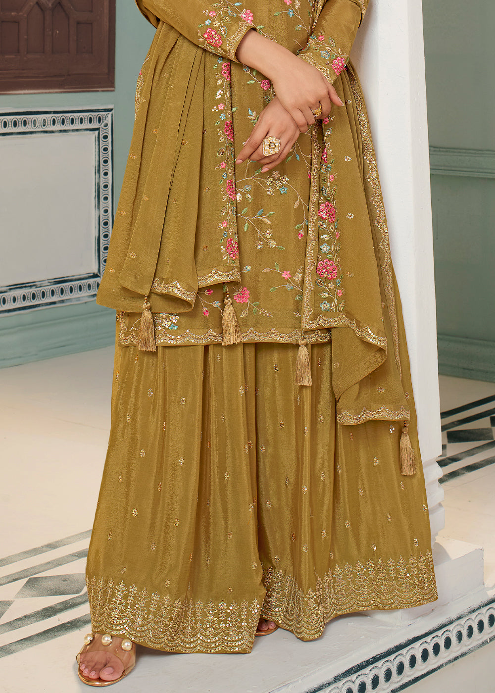 Mustard Yellow Chinon Floral Embroidered Sharara Suit By Qivii