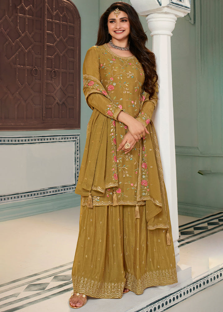 Mustard Yellow Chinon Floral Embroidered Sharara Suit By Qivii