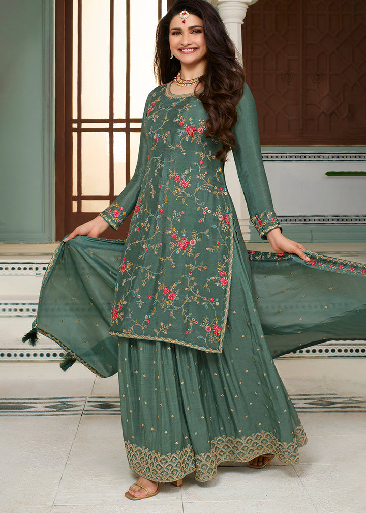 Beautiful Green Chinon Floral Embroidered Sharara Suit By Qivii