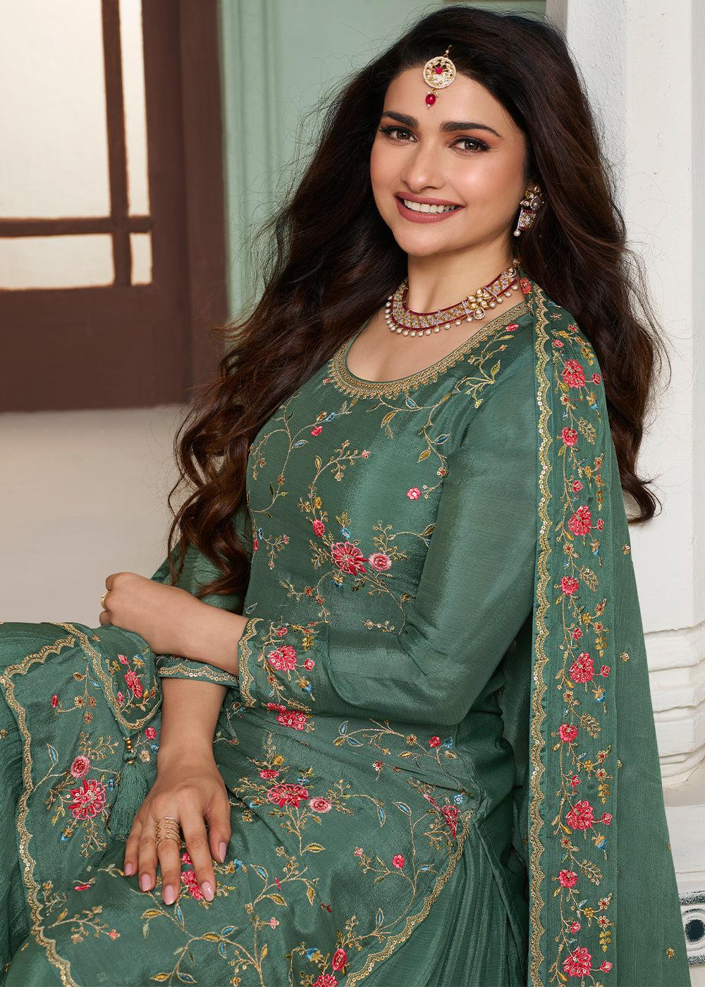 Beautiful Green Chinon Floral Embroidered Sharara Suit By Qivii