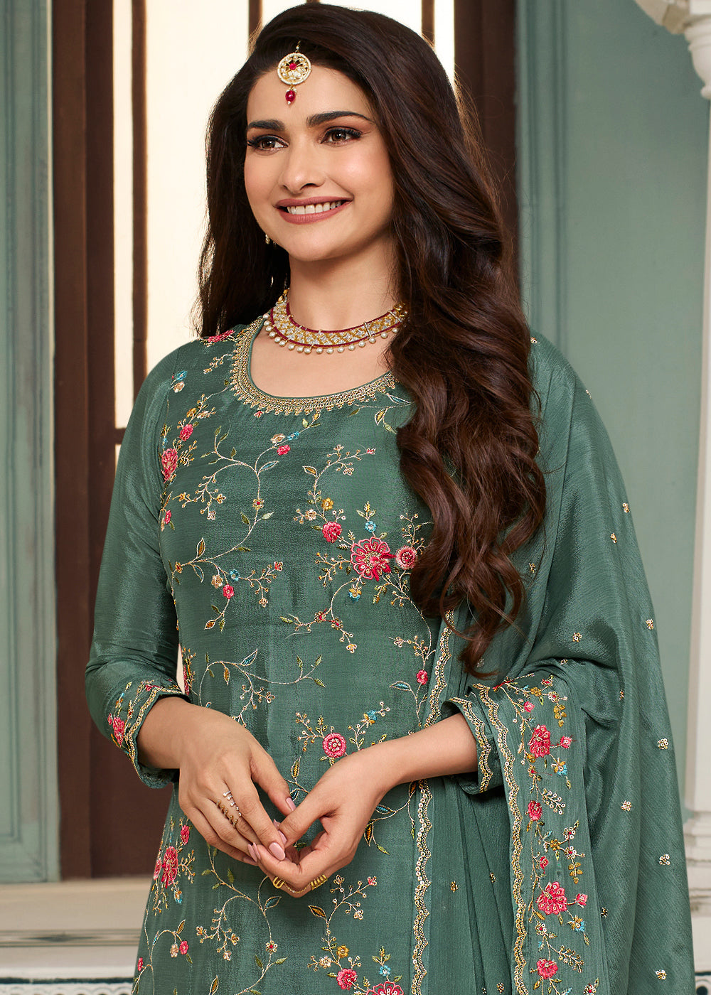 Beautiful Green Chinon Floral Embroidered Sharara Suit By Qivii