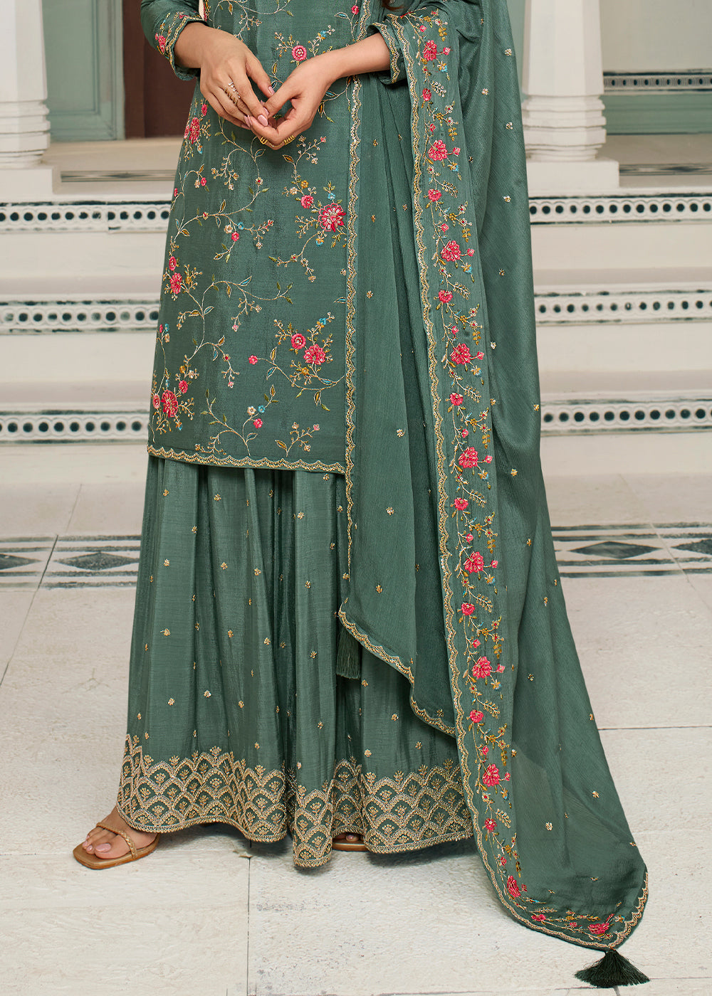 Beautiful Green Chinon Floral Embroidered Sharara Suit By Qivii