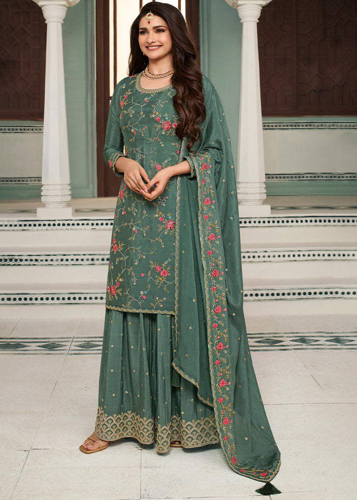 Beautiful Green Chinon Floral Embroidered Sharara Suit By Qivii