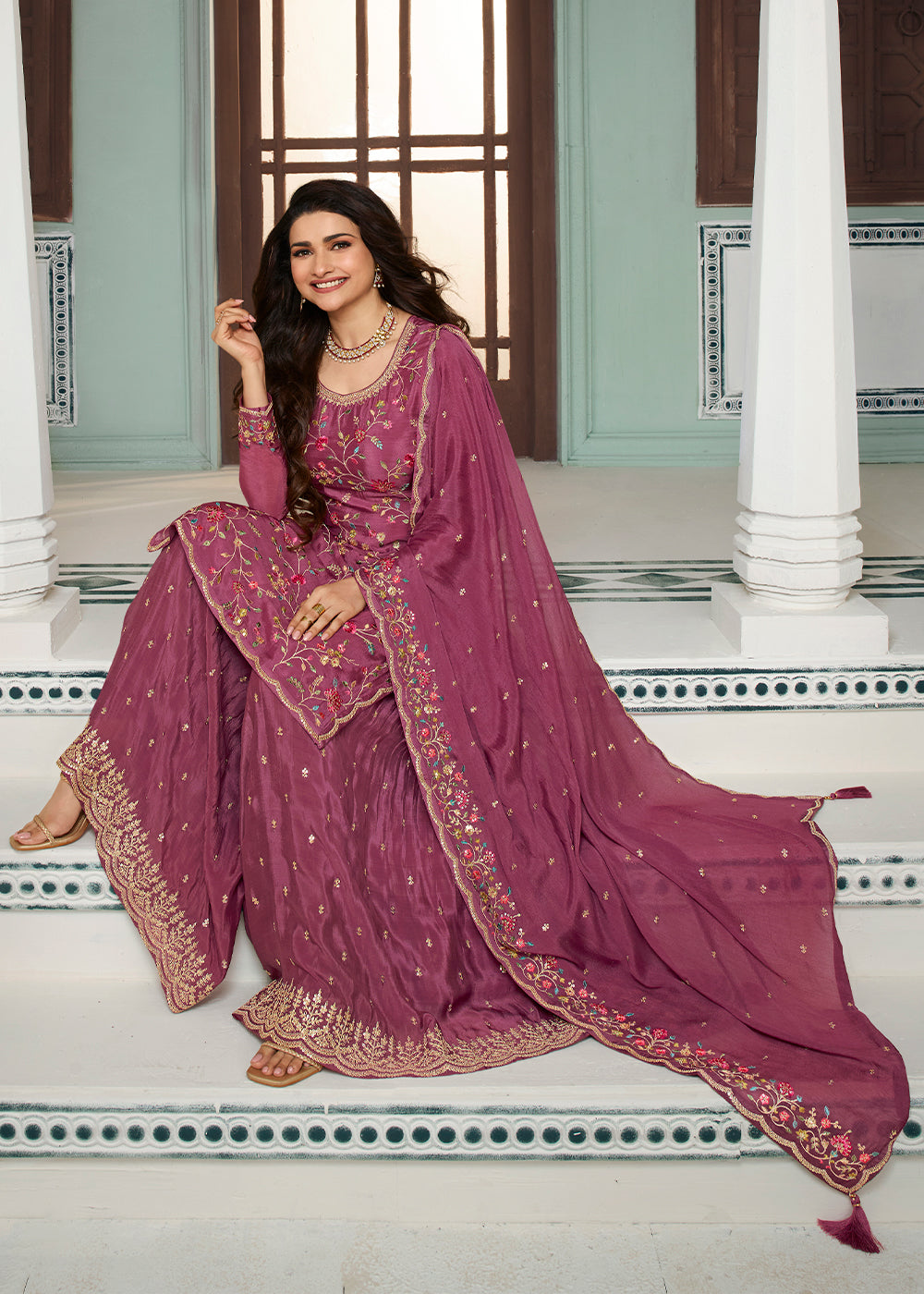 Rhubarb Purple Chinon Floral Embroidered Sharara Suit By Qivii