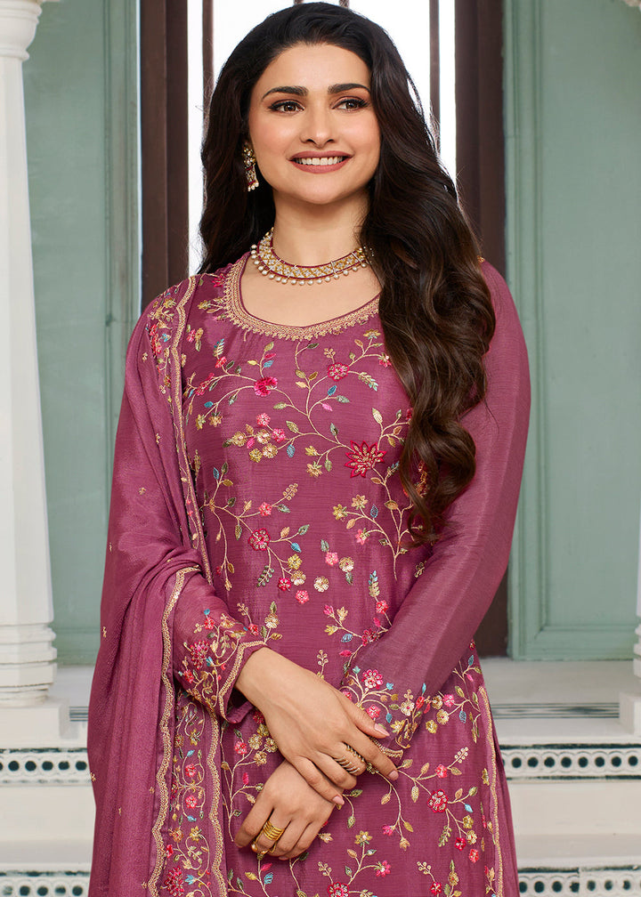 Rhubarb Purple Chinon Floral Embroidered Sharara Suit By Qivii